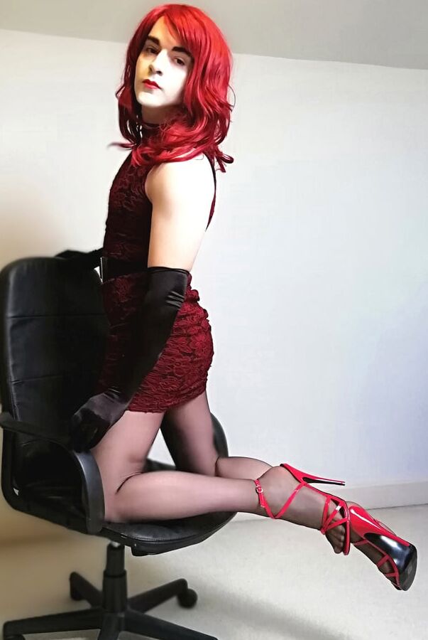 Marie crossdresser in lacy red dress and sheer pantyhose