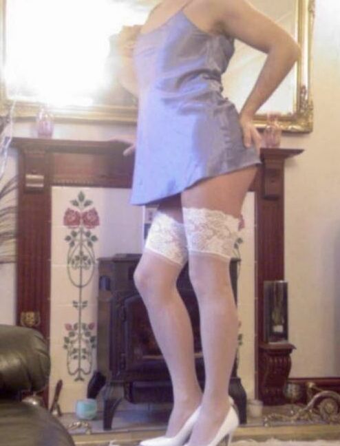 Blue Nightie and White Fishnet Stockings