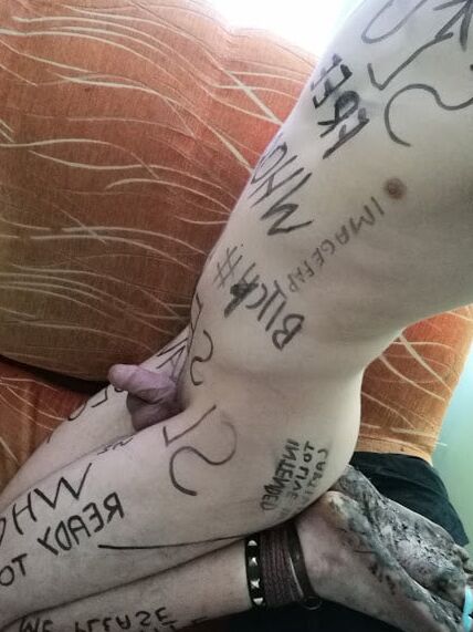 Slave body writing in dirty basement. Humiliation comment