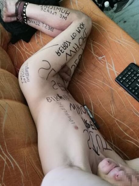 Slave body writing in dirty basement. Humiliation comment