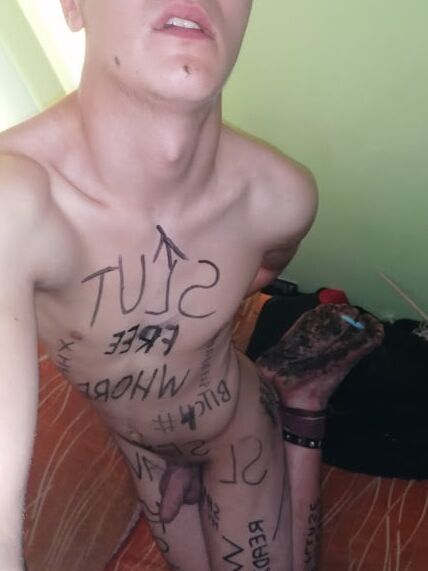 Slave body writing in dirty basement. Humiliation comment