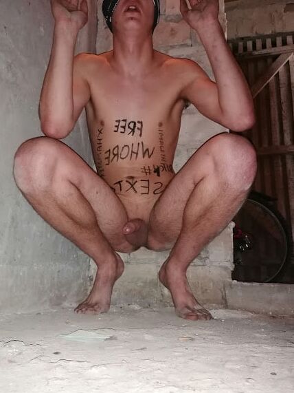 Slave body writing in dirty basement. Humiliation comment