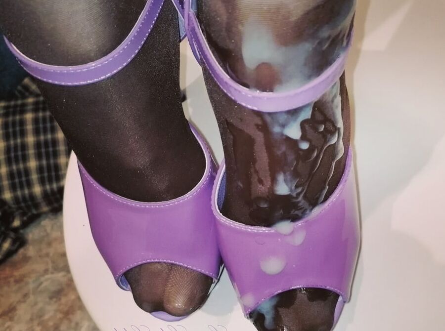 Cum on feet and purple open shoes