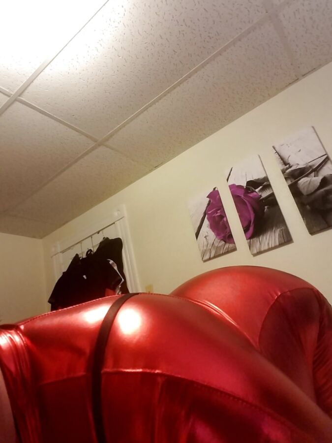 Shiny Red Catsuit, Zenati, Gas Mask, Harness, Strapon