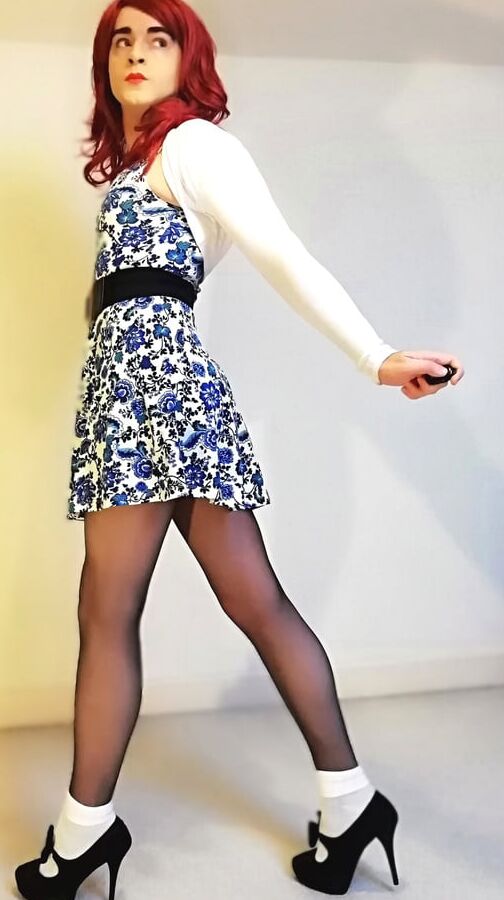 Marie crossdresser in pretty dress, seamless pantyhose