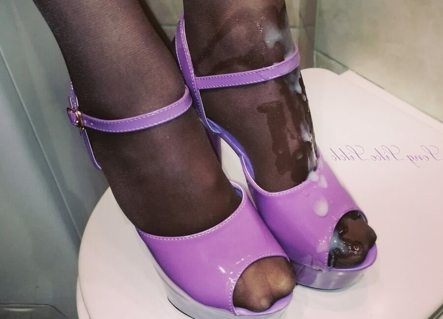Cum on feet and purple open shoes