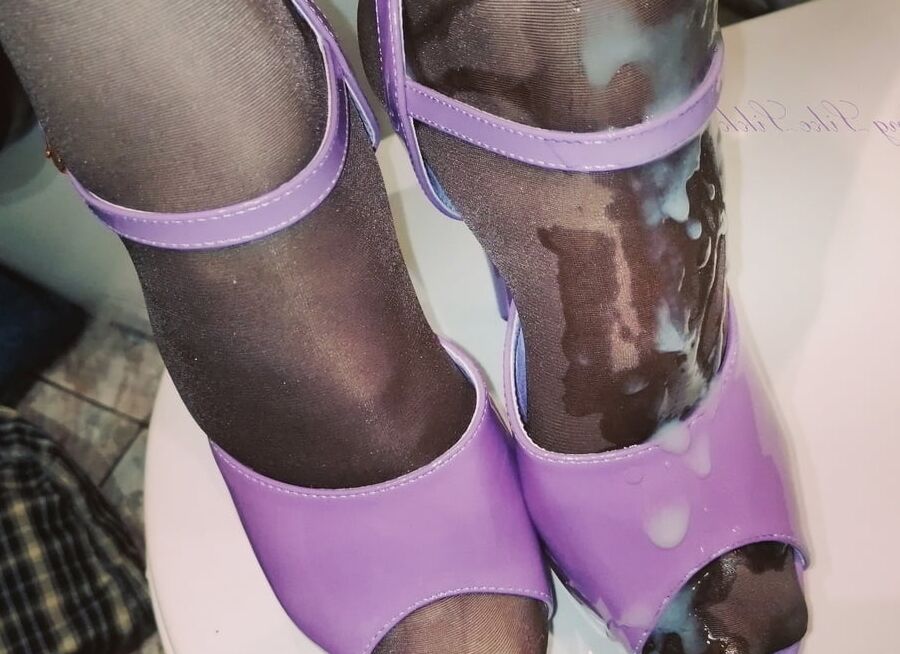 Cum on feet and purple open shoes