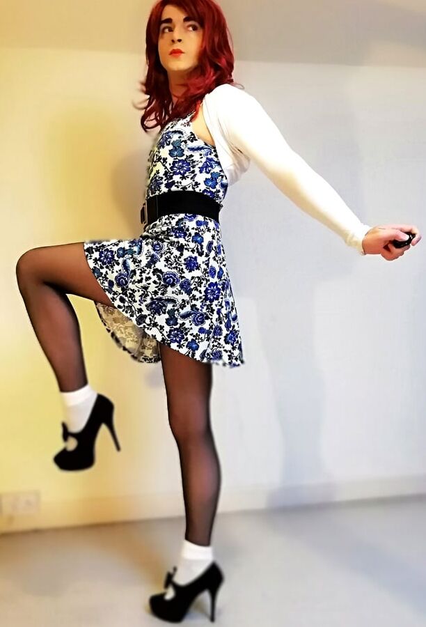 Marie crossdresser in pretty dress, seamless pantyhose
