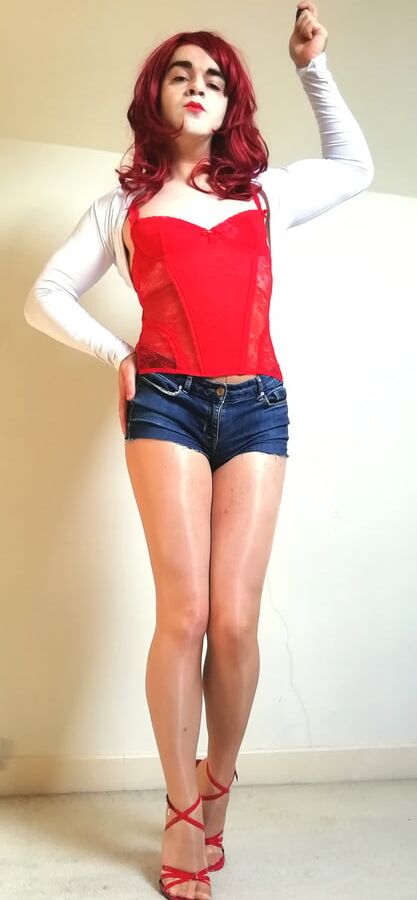 Marie crossdresser in red basque and shiny pantyhose