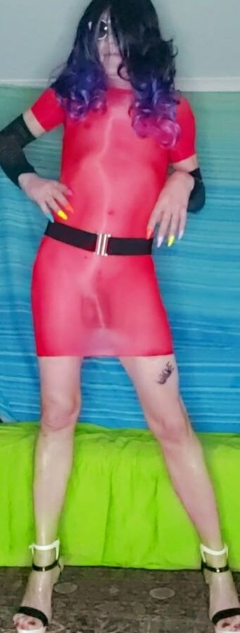 My sexy red see thru wet look dress