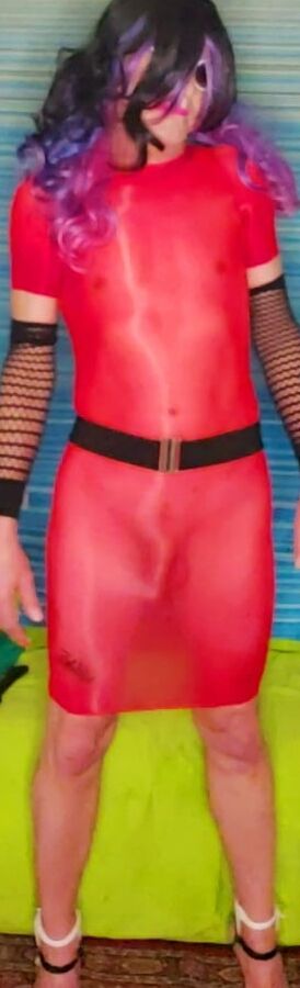 My sexy red see thru wet look dress