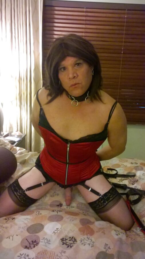 Red corset and anal hook bondage blow job