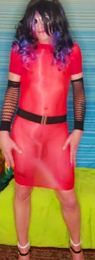 My sexy red see thru wet look dress