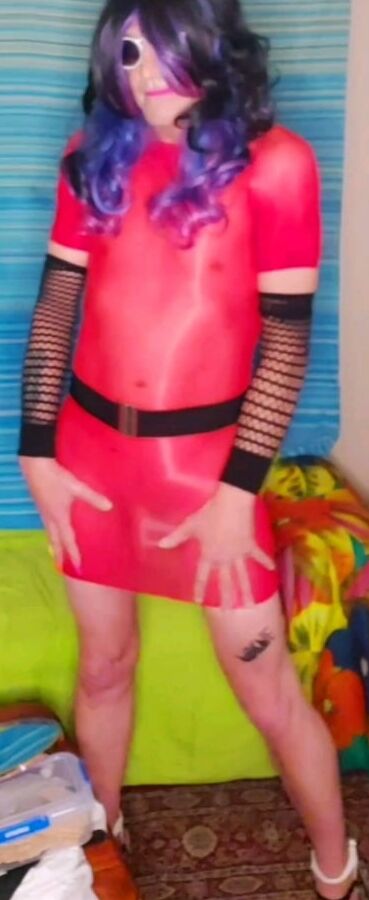 My sexy red see thru wet look dress