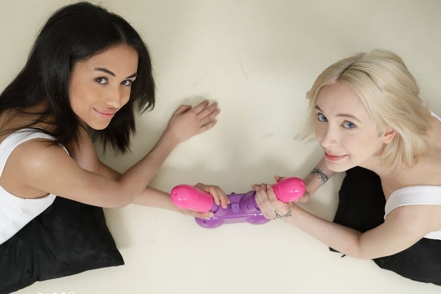 Cute girls Mia Delphy and Tasha Lustn sharing big cock