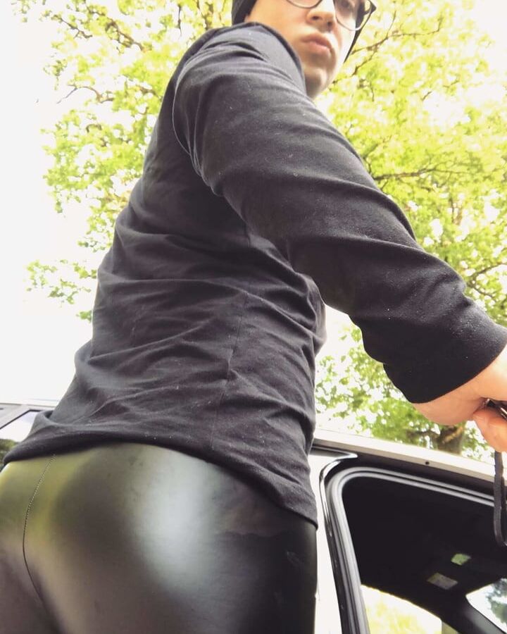 Young twink faggot sissy boy with leather leggings and thong
