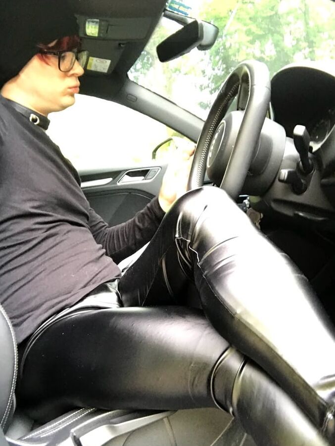 Young twink faggot sissy boy with leather leggings and thong