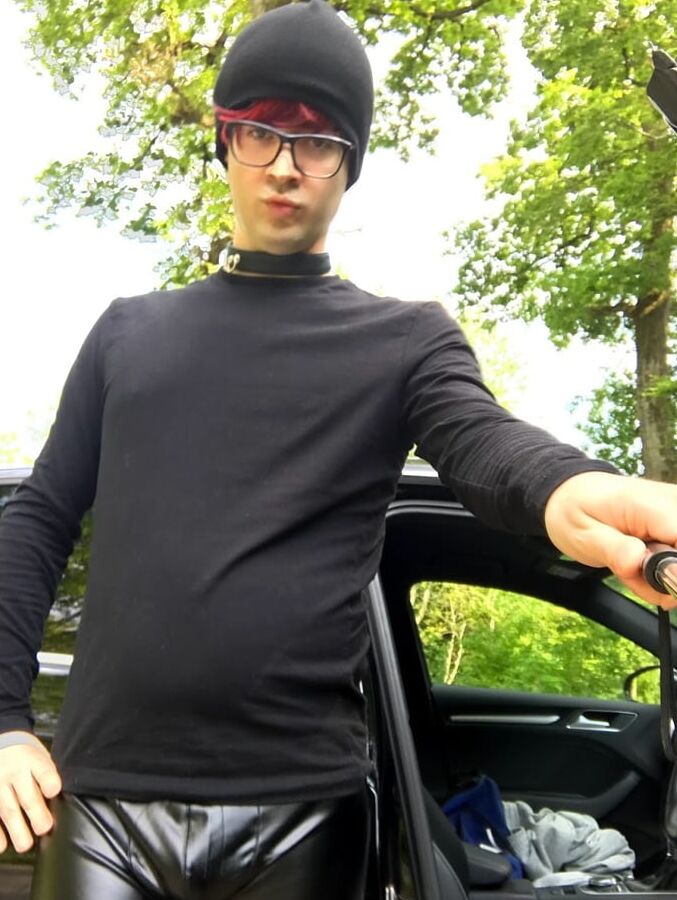 Young twink faggot sissy boy with leather leggings and thong