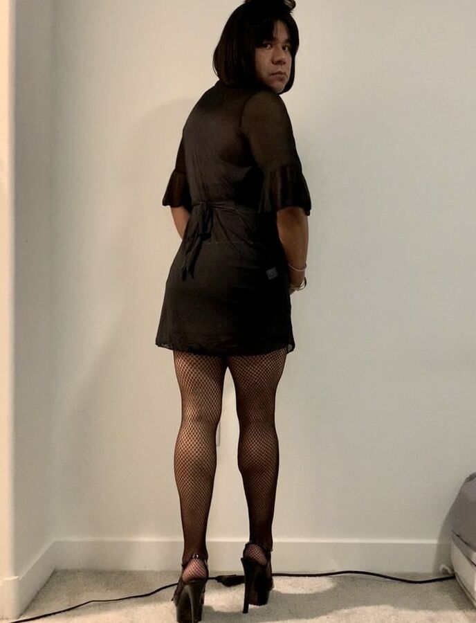 Big Ass Rachelle in Shiny Little Black Slutty Dress