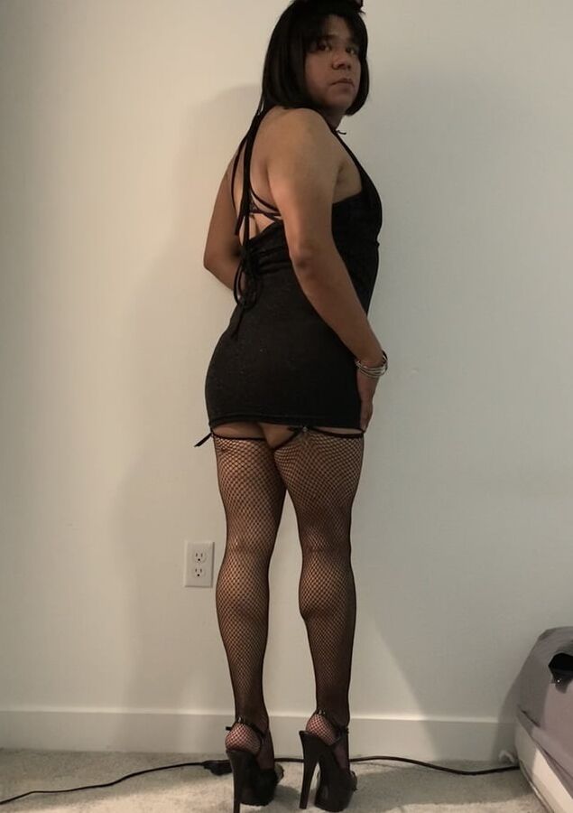 Big Ass Rachelle in Shiny Little Black Slutty Dress