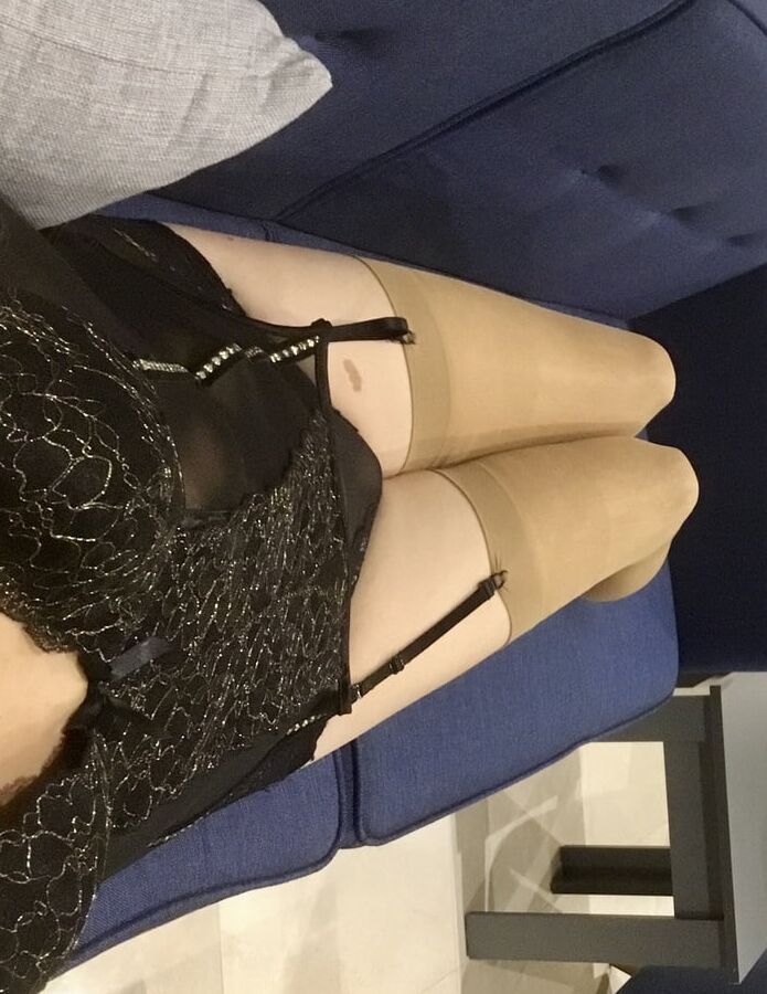 Black basque and nude stockings