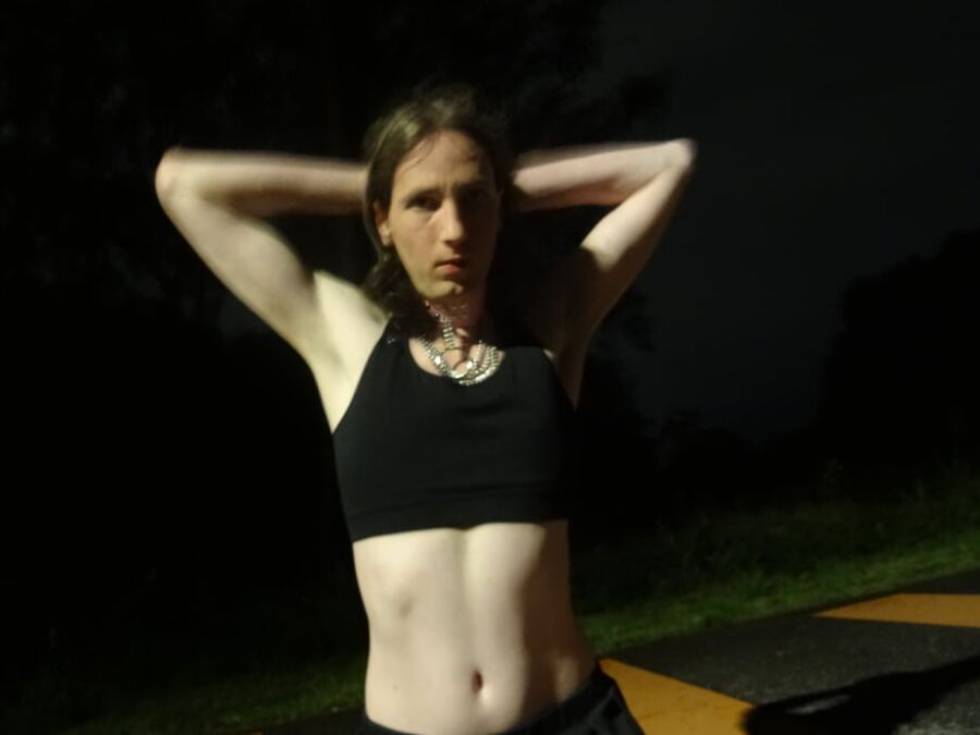 Showing off my new sissy collar outdoors at night