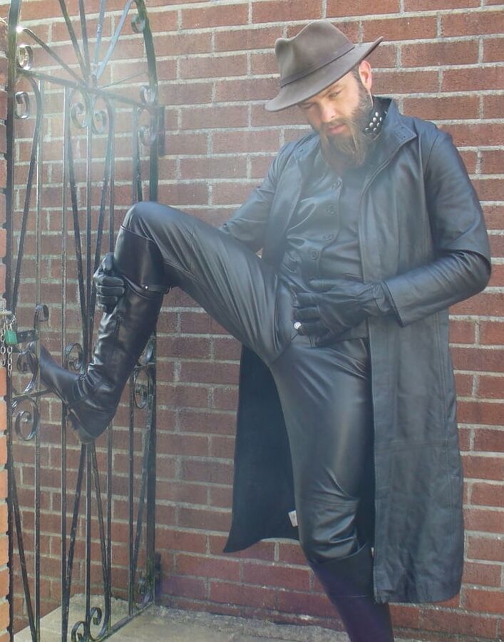 Leather Master outdoors in leather coat and boots
