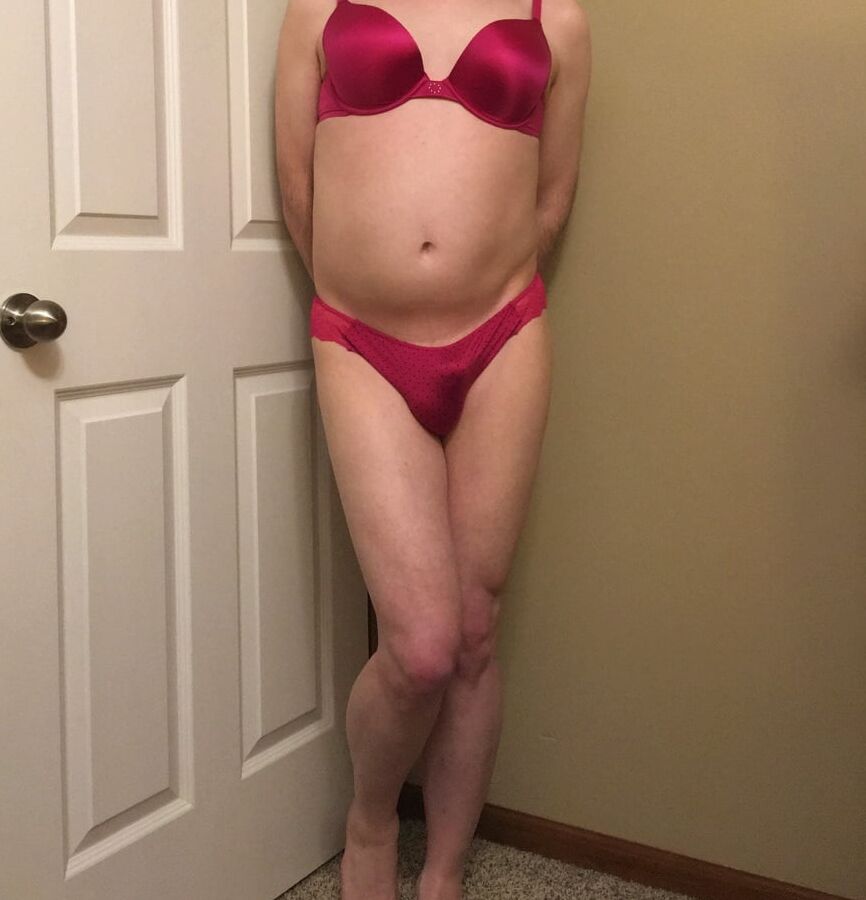 Crossdresser in Little Pink Bra and Panties