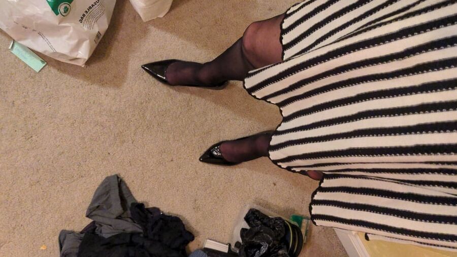 stockings striped skirt and patent pumps