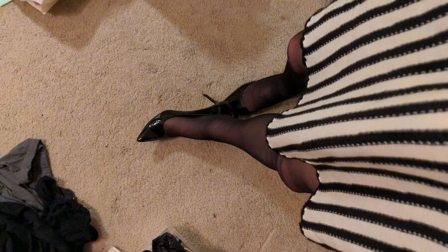 stockings striped skirt and patent pumps