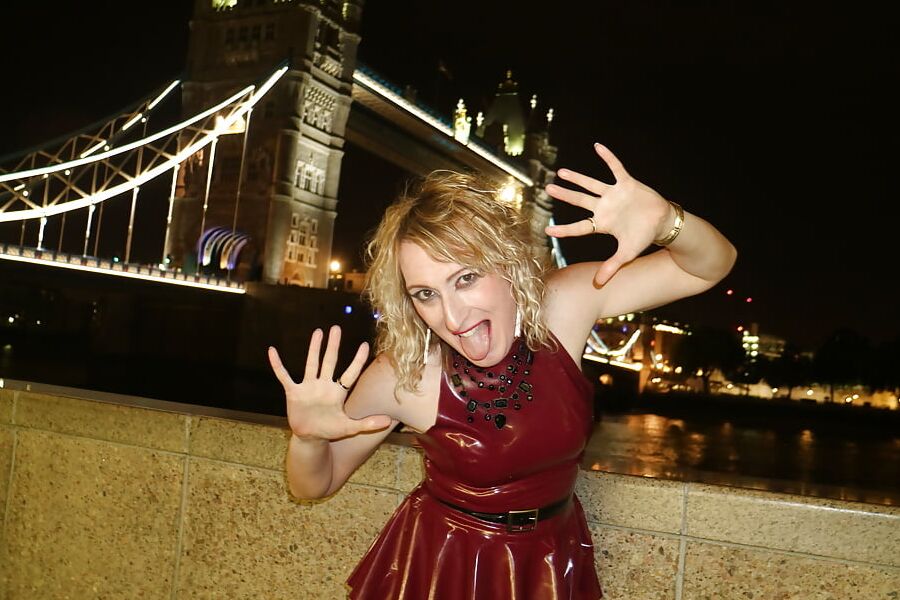 Walking over Tower Bridge in Latex Dresses