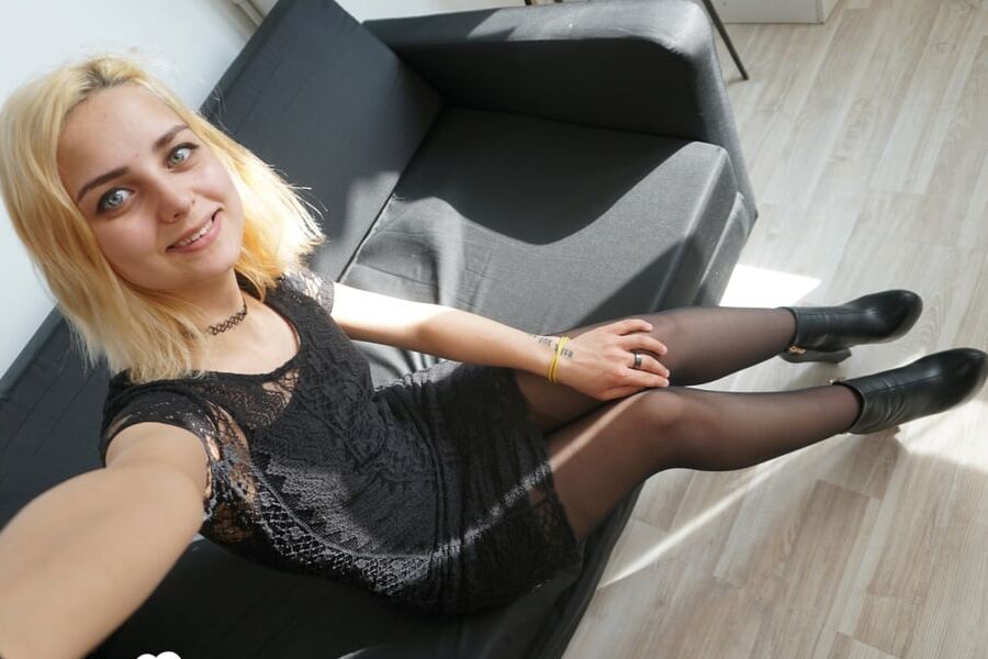 Lovely blonde teases at the office&;s couch