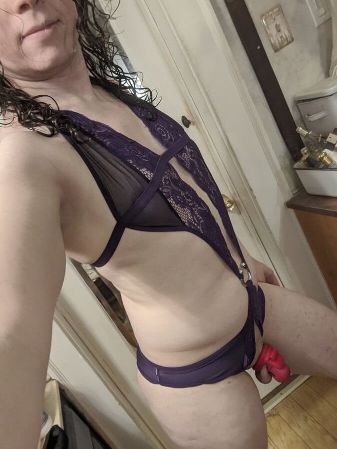 Purple Crotchless Lace and Chastity