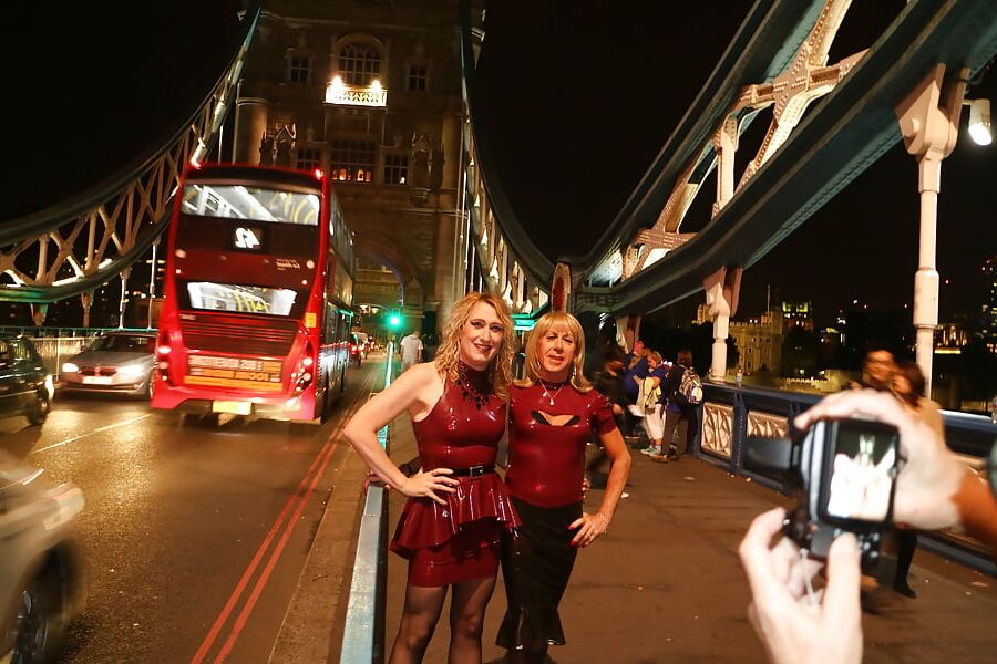 Walking over Tower Bridge in Latex Dresses
