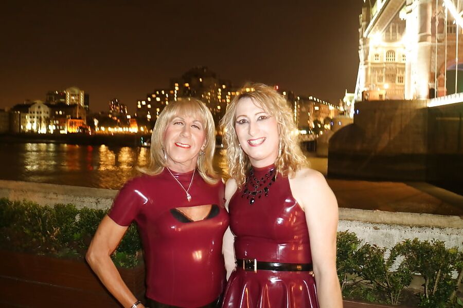 Walking over Tower Bridge in Latex Dresses