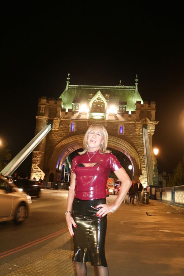 Walking over Tower Bridge in Latex Dresses