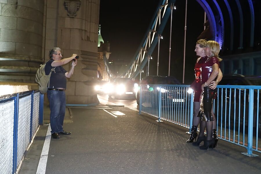 Walking over Tower Bridge in Latex Dresses