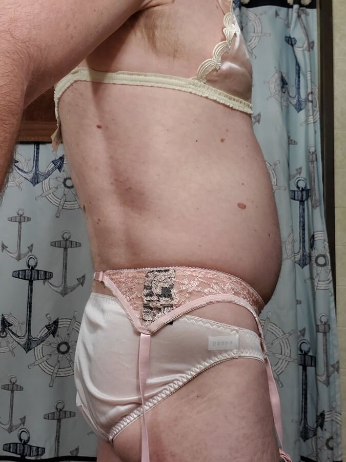 Pink nylon and lace panty ensemble