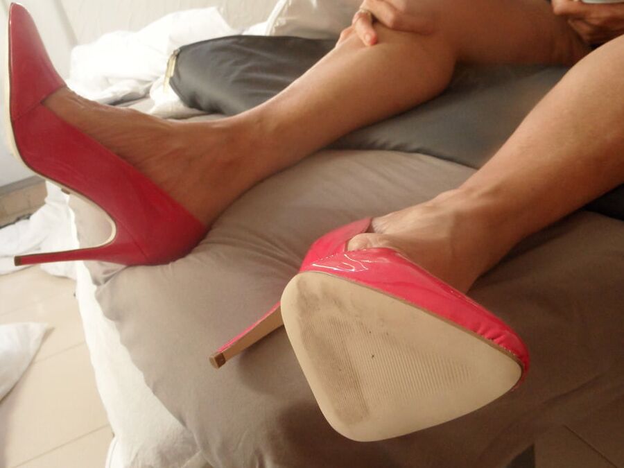 streching the heels and having coffee in bed