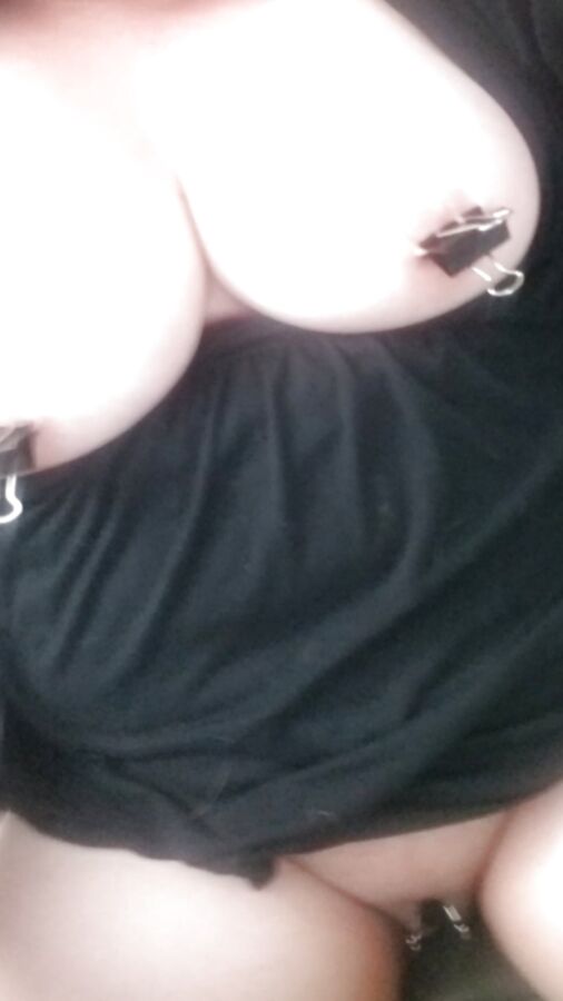Binder clips on nipples and pussy ... bored housewife.. milf