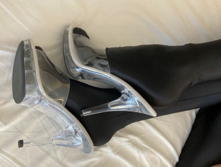 Spandex Pantyhose and Clear High Heel Mules