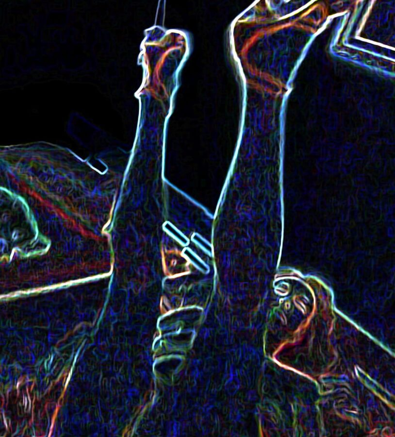 Luminous contours of legs, heels and ass