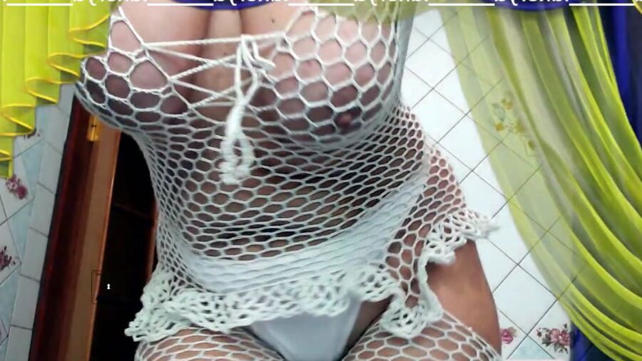 Old body of sexy Lukerya in white fishnet with visible nippl