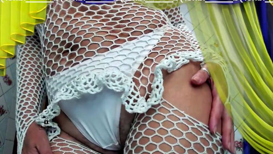 Old body of sexy Lukerya in white fishnet with visible nippl