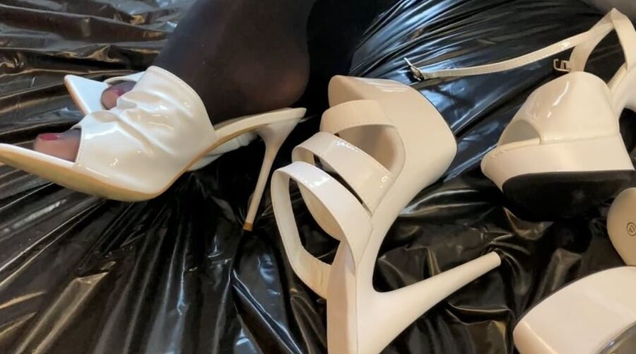 White Heels, White Leggings, Black Nylons