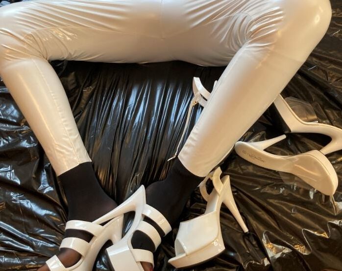 White Heels, White Leggings, Black Nylons
