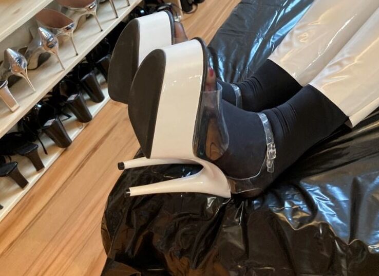 White Heels, White Leggings, Black Nylons