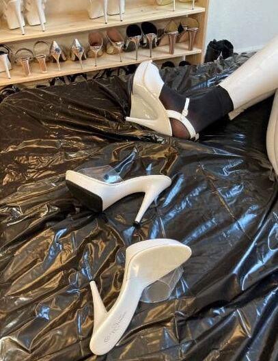 White Heels, White Leggings, Black Nylons