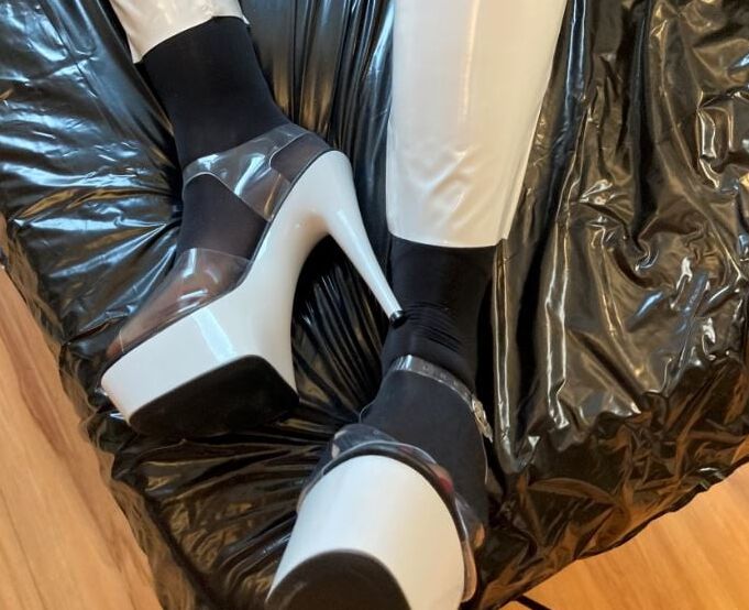 White Heels, White Leggings, Black Nylons