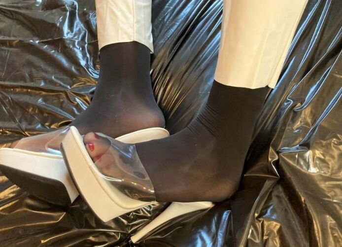 White Heels, White Leggings, Black Nylons